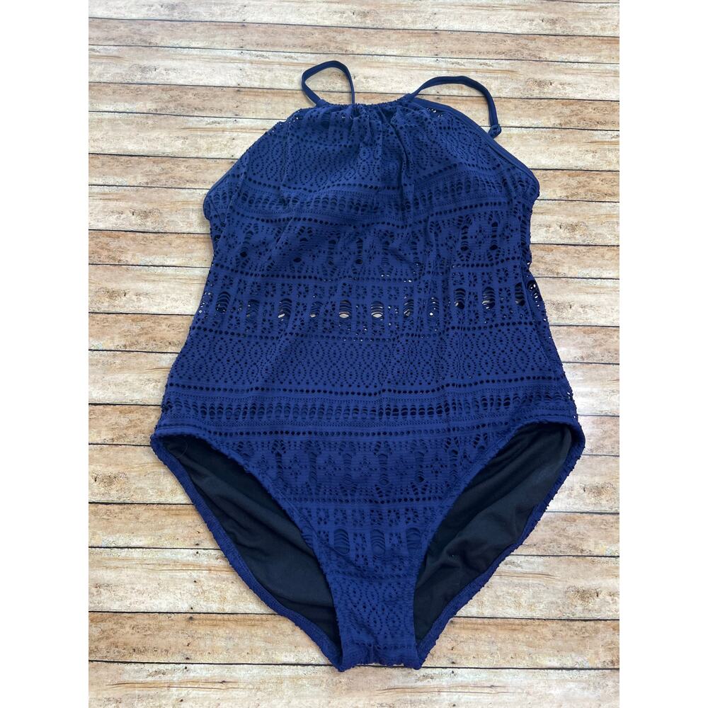 Aqua Green High Neck Crochet One Piece Swimsuit Blue XL - Picture 2 of 9